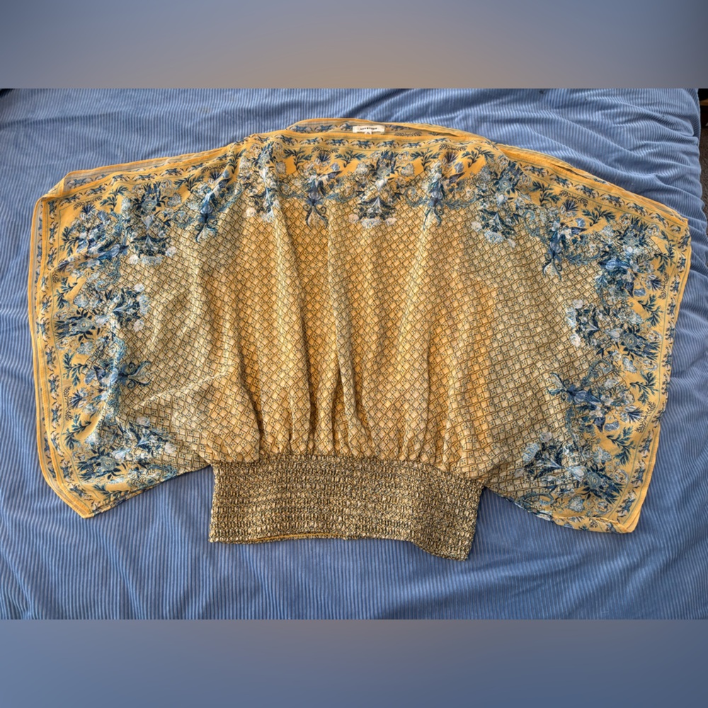 Max Studio Blue and Buttery Yellow Floral Design Blouse, XL